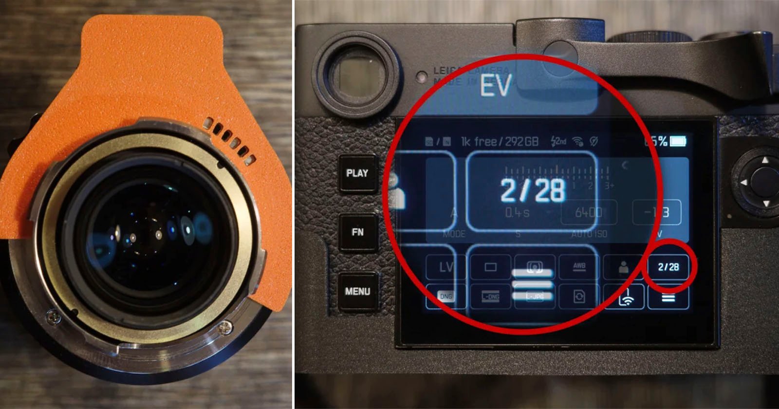 A close-up image showing the back screen of a Leica EV camera with the date and other settings displayed. To the left, another close-up highlights the camera's lens mount, featuring a small orange part. A red circle highlights the 2/28 date setting on the screen.