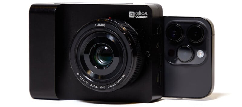 A digital camera labeled "Alice Camera" equipped with a LUMIX lens is positioned next to a smartphone featuring three camera lenses on its back. Both devices are set against a plain white background.