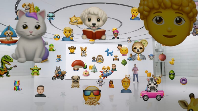 An image depicting a variety of emojis floating in a futuristic white room. The emojis include animals, human faces, a unicorn cat, and various objects. The scene is colorful and whimsical, filled with both familiar and new emojis in different sizes.