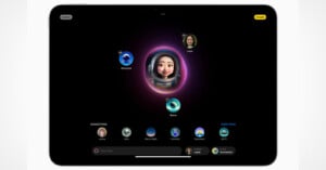 A tablet screen displays a Memoji creation interface. In the center is an animated face in an astronaut helmet. Other memoji themes, like Alien and Space, are shown at the bottom. User profiles are visible in small circles. "Create" button is in the top right corner.
