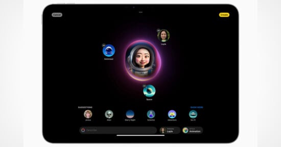 A tablet screen displays a Memoji creation interface. In the center is an animated face in an astronaut helmet. Other memoji themes, like Alien and Space, are shown at the bottom. User profiles are visible in small circles. "Create" button is in the top right corner.