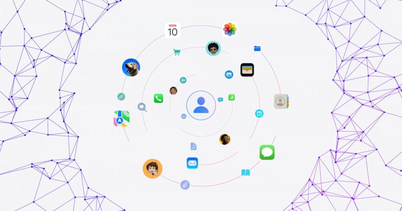 A graphic shows a central user icon surrounded by various app icons in concentric circles, including social media, messaging, calendar, maps, health, photos, email, and shopping. The background features a network of interconnected purple lines and nodes.