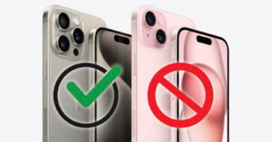 Two iPhones side by side: the left iPhone with a green check mark features a triple camera system, while the right iPhone with a red prohibition symbol features a dual camera system. Both phones have the Dynamic Island feature on the screen.