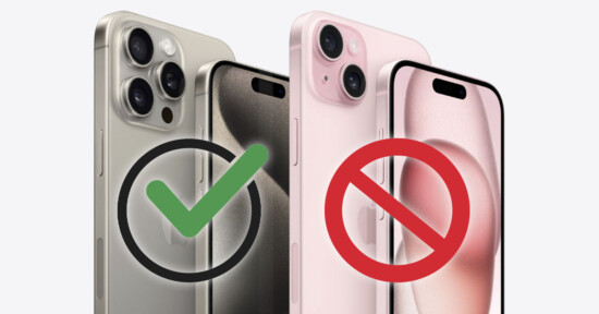Two iPhones side by side: the left iPhone with a green check mark features a triple camera system, while the right iPhone with a red prohibition symbol features a dual camera system. Both phones have the Dynamic Island feature on the screen.