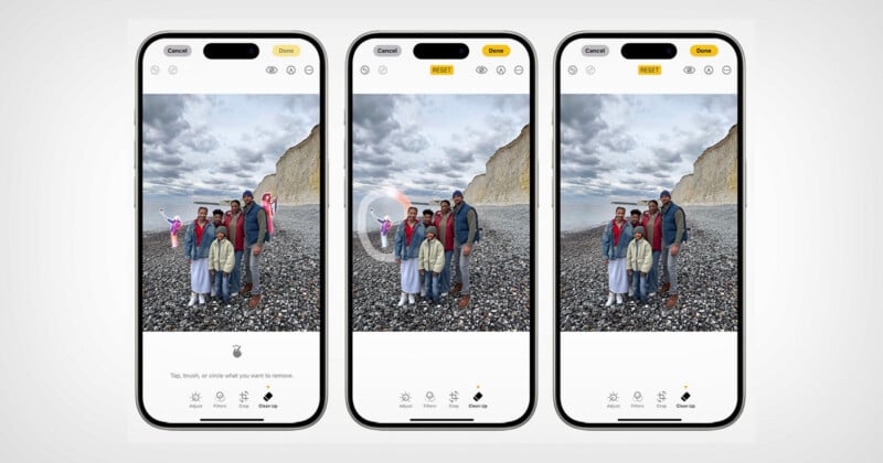 Three smartphone screens show an image editing app with a photo of a family standing on a rocky beach with cliffs in the background. The app's interface displays editing tools and highlights options to remove objects and people from the photo.