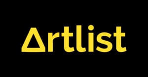 The image shows the word "Artlist" in bold yellow font on a black background. The letter "A" is stylized as a triangle.
