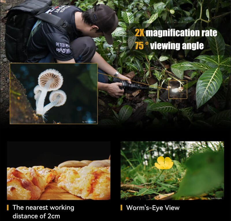A person wearing a backpack is photographing plants in a forest. Insets show close-up shots of mushrooms, pizza, and a small yellow flower. Text highlights a 2x magnification rate, 75-degree viewing angle, and a nearest working distance of 2 cm for the camera.