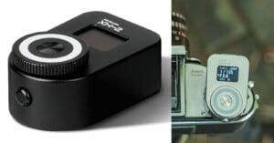 Two images of a camera accessory are shown. The left image shows a close-up view of the accessory, which is black with a circular feature and a small display screen. The right image shows the accessory mounted on a vintage camera, displaying settings on its screen.