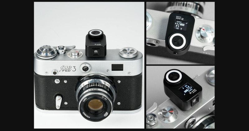 Collage showing a vintage FED 3 rangefinder camera with a modern XF3-2 digital accessory attached. The left image displays the full camera with the accessory mounted on top, while the right images show close-ups of the digital accessory's screen and controls.