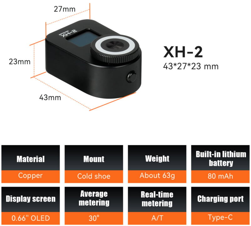 Image of an XH-2 electronic device with dimensions 43x27x23 mm. It has a display, control knob, and ports. Additional features include copper material, cold shoe mount, 63g weight, 80 mAh battery, 0.66" OLED screen, 30° metering angle, real-time metering, and Type-C charging port.