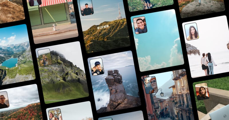 A collage of various photos featuring landscapes and people. Scenes include mountains, coastal cliffs, city streets, and a beach. Some images show individuals posing and smiling, while others capture views of nature and urban environments.