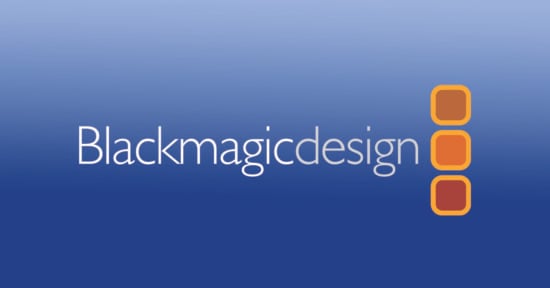 The image features the Blackmagic Design logo on a gradient blue background. The logo consists of the words "Blackmagicdesign" in white and three stacked orange squares with rounded corners on the right-hand side.
