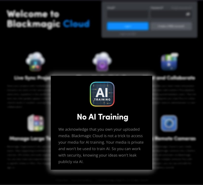 A screenshot from the Blackmagic Cloud website features a central pop-up with the message "No AI Training" below an AI icon. The message states that user-uploaded media will not be used for AI training and assures privacy. Blurred content with icons can be seen around it.