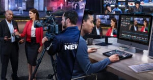 A composite image showing two scenes: on the left, a reporter interviews a man while a cameraman records them; on the right, a video editor works on a computer, editing the previously recorded footage. The backdrop features a busy newsroom and street.