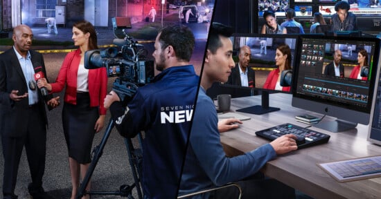 A composite image showing two scenes: on the left, a reporter interviews a man while a cameraman records them; on the right, a video editor works on a computer, editing the previously recorded footage. The backdrop features a busy newsroom and street.