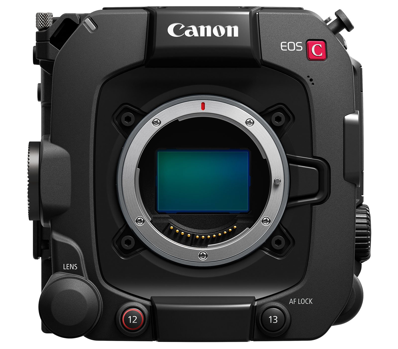 A Canon EOS C camera showing its front view. The lens is not attached, exposing the sensor inside. The camera body is black with various buttons and dials, including lens and autofocus lock buttons, and a red 'C' at the top.