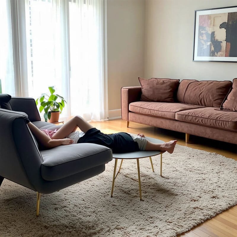A person is lying on a gray sofa in a living room with beige walls, a shaggy beige rug, and light brown sofas. A plant is placed near a window with sheer white curtains, and a framed abstract art piece is on the wall. The room is bright with natural light.