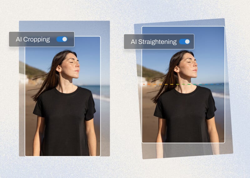 A woman stands on a beach with eyes closed under a clear sky. The image is divided into two sections: the left shows "AI Cropping" with a tighter frame around her; the right shows "AI Straightening" with her head levelled against a horizon line.