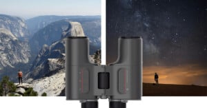 A pair of binoculars is positioned in the center. On the left side, there is a scene of a person hiking in a mountainous area during the day, and on the right, another person is stargazing under a night sky filled with stars.