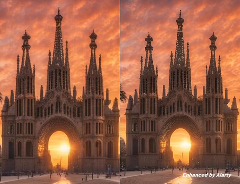 Side-by-side comparison of Barcelona’s Sagrada Família at sunrise. The left image shows the basilica under original lighting, while the right one is enhanced, featuring more vivid colors and details. Both capture the church’s towering spires and intricate architecture against a dramatic sky.