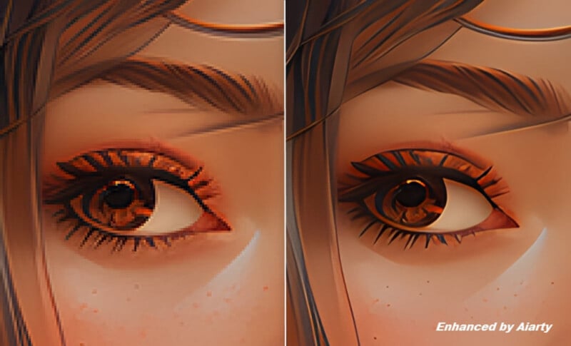 Close-up of two digitally rendered eyes side by side, showcasing detailed brown irises, long dark eyelashes, and finely drawn eyebrows. The image on the left appears slightly less detailed than the one on the right. Text in the bottom right corner reads "Enhanced by Aiarty.