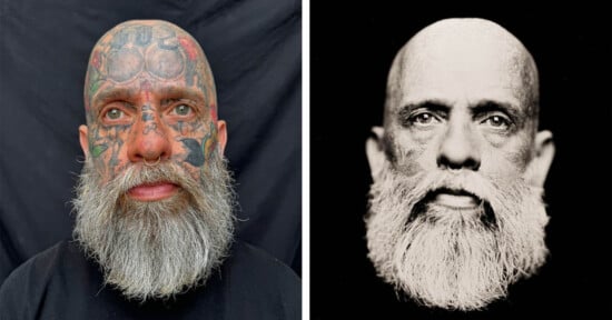 A side-by-side comparison of a bald man with a gray beard and extensive face tattoos. The left image is in color, revealing the vivid tattoos, while the right image is a black-and-white rendition of the same person, highlighting facial features in contrast.