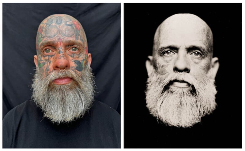 A split image shows two portraits of a man with a full white beard. The left side features a colored photo where the man has extensive face and head tattoos. The right side is a black-and-white photo with the man looking straight ahead, emphasizing his beard and head.