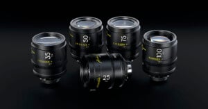 A set of five black camera lenses with different focal lengths (3.5 mm, 5.0 mm, 7.5 mm, 10.0 mm, and 25 mm) are arranged on a black surface. Each lens has white and yellow text inscribed on the body, indicating their specifications and focal lengths.