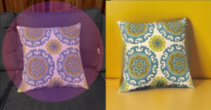 Side-by-side comparison of a decorative pillow with a blue, yellow, and purple circular pattern against two backdrops. The left side shows the pillow on a purple couch under a pinkish filter, while the right side shows the same pillow on a yellow background without the filter.