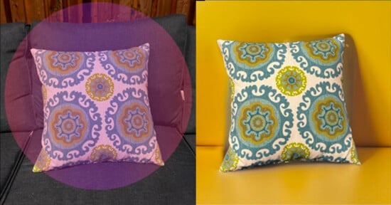 Side-by-side comparison of a decorative pillow with a blue, yellow, and purple circular pattern against two backdrops. The left side shows the pillow on a purple couch under a pinkish filter, while the right side shows the same pillow on a yellow background without the filter.