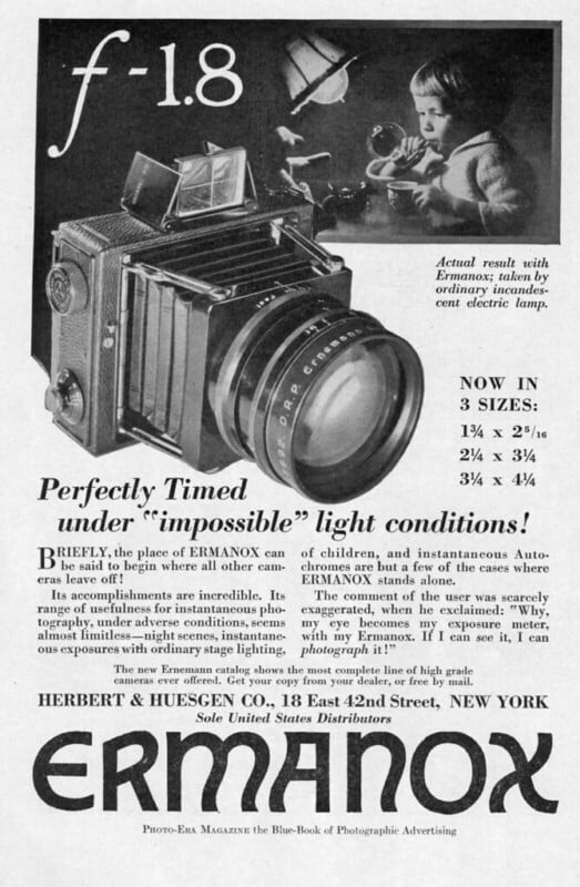 An advertisement for the Ermanox camera showcasing its ability to capture photos in low light. Includes an image of the camera and a child visible in the background. Text highlights its features, such as fast f-1.8 lens and various sizes available. Manufacturer: Ernemann.