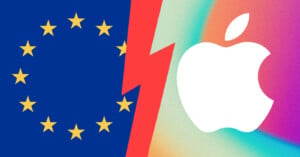 An image shows the European Union flag with yellow stars on a blue background on the left, separated by a red lightning bolt from Apple's white logo on a colorful gradient background on the right, symbolizing a clash or conflict between the EU and Apple.