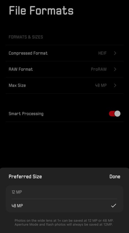 Screenshot of a settings screen titled "File Formats." It lists options under "Formats & Sizes" for Compressed Format (HEIF), RAW Format (ProRAW), and Max Size (48 MP). Below, there is a "Preferred Size" option with choices for 12 MP and 48 MP, with 48 MP selected. A "Done" button is present.