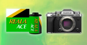 A modern Fujifilm X-T5 mirrorless camera is displayed next to a roll of Reala Ace film. The film's packaging features a green, black, yellow, and white design with "REALA ACE" text. The background has a soft gradient of green and yellow hues.
