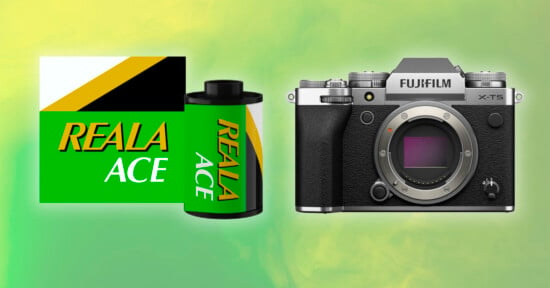 A modern Fujifilm X-T5 mirrorless camera is displayed next to a roll of Reala Ace film. The film's packaging features a green, black, yellow, and white design with "REALA ACE" text. The background has a soft gradient of green and yellow hues.