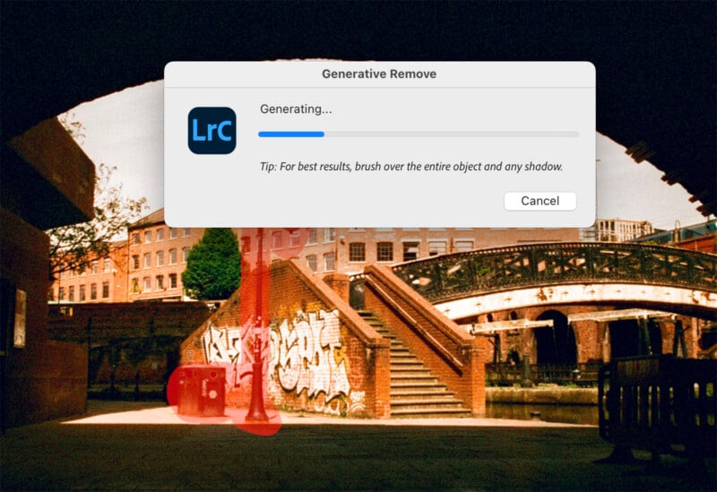 A photo-editing software interface shows an overlay with a progress bar and the words "Generating..." indicating the removal of an object. The background image depicts a graffiti-covered wall, a bridge, and an urban scene with buildings.