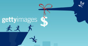 Illustration of people running off a cliff chasing a dollar symbol tied to a string hanging from Pinocchio's nose. The background is blue, and the "Getty Images" watermark is present on the left side.