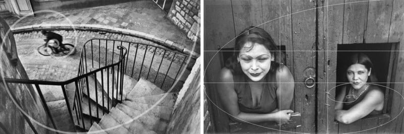 A composite image featuring two black-and-white photos: on the left, a cyclist rides down a curved road seen from above, and on the right, two women look through windows. Both images have a spiral overlay indicating compositional guidelines.