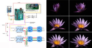 A detailed diagram on the left shows a circuit related to an Arduino setup with various components and wiring. On the right, six close-up photos of a purple water lily in different stages of bloom are displayed in a grid format.