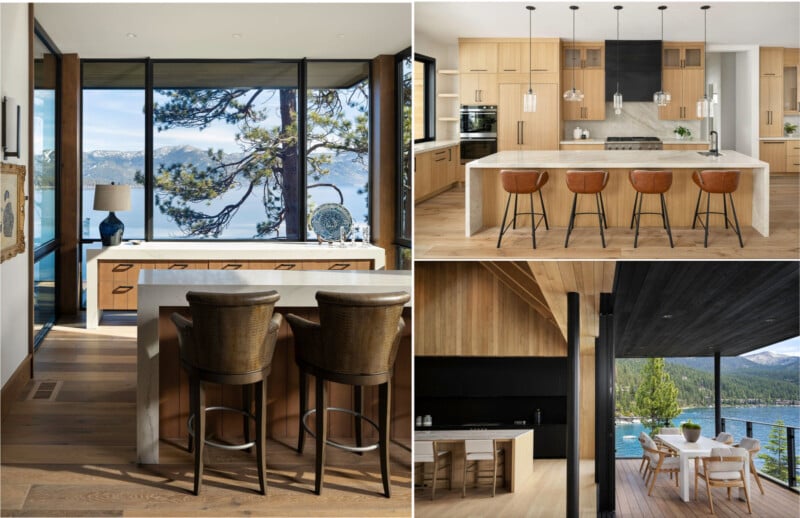 A collage of three modern kitchen and dining areas, featuring large windows with views of a lake and mountains. The spaces include sleek wooden cabinets, marble countertops, high-end appliances, and a mix of bar stools and dining chairs for seating.