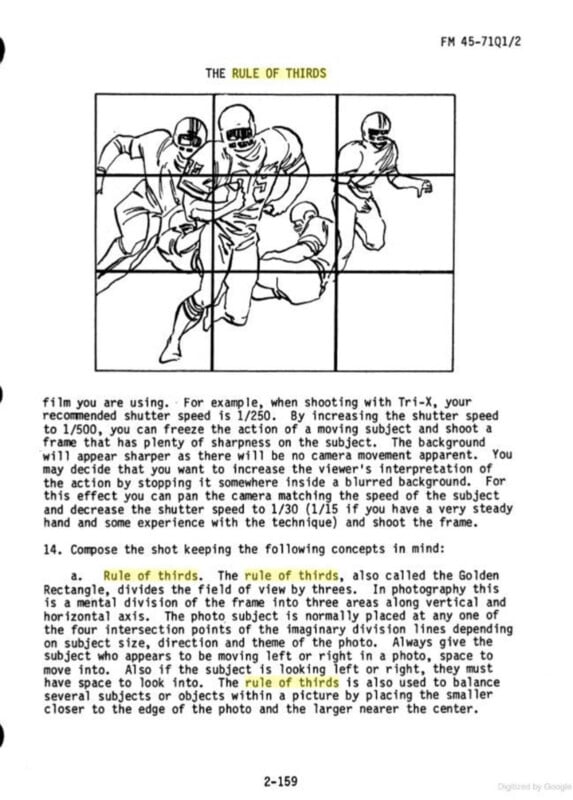 A scanned page from a field manual features text and an illustration on the "rule of thirds" in photography. The illustration shows four football players in action, placed according to the rule of thirds guiding lines. Text provides detailed explanation and instructions.