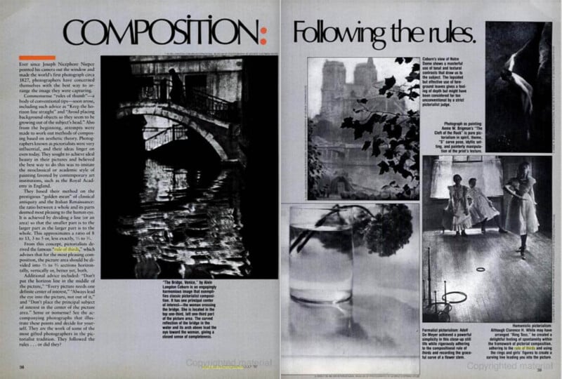 An open magazine spread titled "Composition: Following the rules." The left page features text and a black-and-white photo of a bridge over water. The right page includes text with four black-and-white photographs, showcasing various compositional elements.