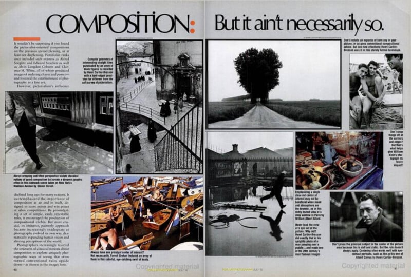 A collage-style magazine spread with sections of text about photographic composition, featuring various black-and-white and color photographs. Images include a lone tree on a road, boats at dock, people on stairs, and daily life scenes.