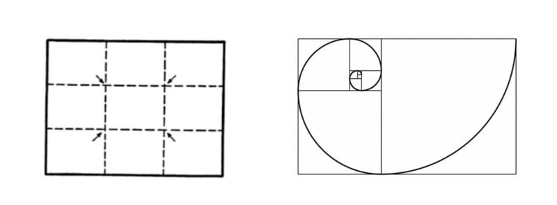 Two diagrams are shown. The left diagram is a rectangle divided into nine smaller rectangles by dotted lines, resembling the rule of thirds grid. The right diagram is a golden spiral within a rectangle, spiraling through progressively smaller squares.