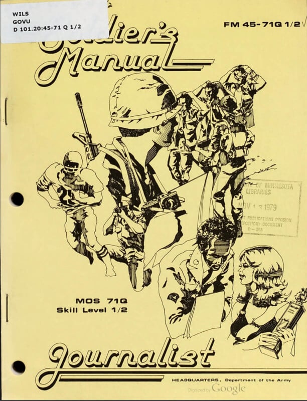 A vintage cover of the "Soldier's Manual Journalist" with FM 45-71Q (1/2) printed on the top right. It features sketch-style illustrations of soldiers in various activities, such as reporting, photographing, and broadcasting. MOS 71Q Skill Level 1/2 is noted.
