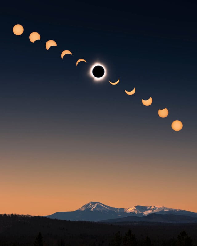 A series of images captures the stages of a solar eclipse. The sequence, arranged diagonally across a twilight sky, showcases the moon gradually covering and then uncovering the sun. Below, snow-capped mountains and a forested landscape can be seen.