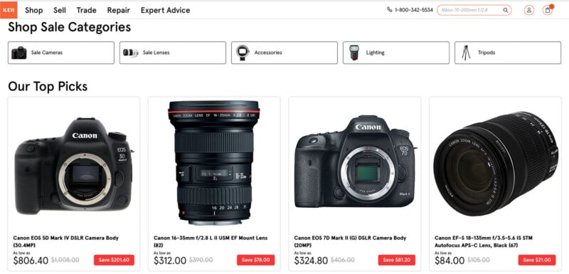 A screenshot of an online camera store featuring "Shop Sale Categories" such as Sale Cameras and Sale Lenses. Below are "Our Top Picks" showcasing four Canon camera and lens products with prices: $806.40, $312.00, $324.80, and $84.00.