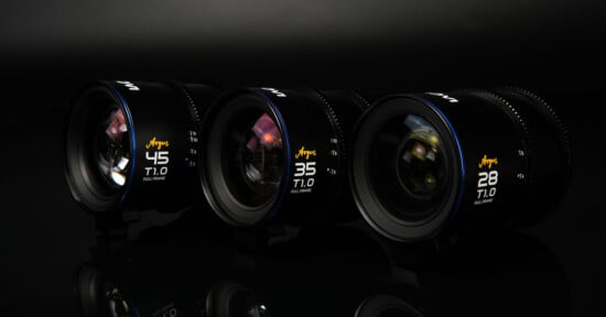 Three camera lenses are displayed on a dark surface, labeled with focal lengths 45mm, 35mm, and 28mm, all with an aperture of f/1.0. The lenses are branded Argus and are suitable for full-frame cameras. The arrangement is neat and striking against the dark background.