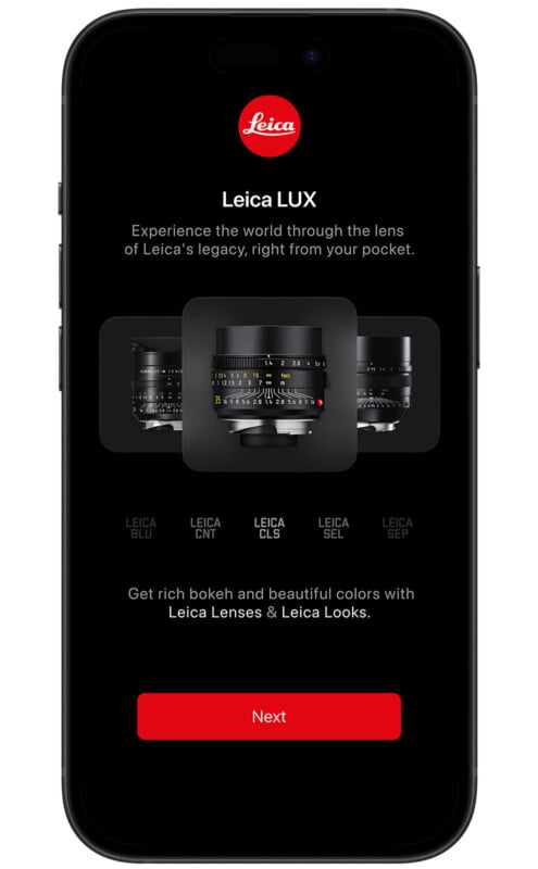 Smartphone screen displaying the Leica LUX app interface. The background is black with three camera lenses labeled "Leica BLU," "Leica CLB," and "Leica SEP." Text reads, "Experience the world through the lens of Leica's legacy, right from your pocket.