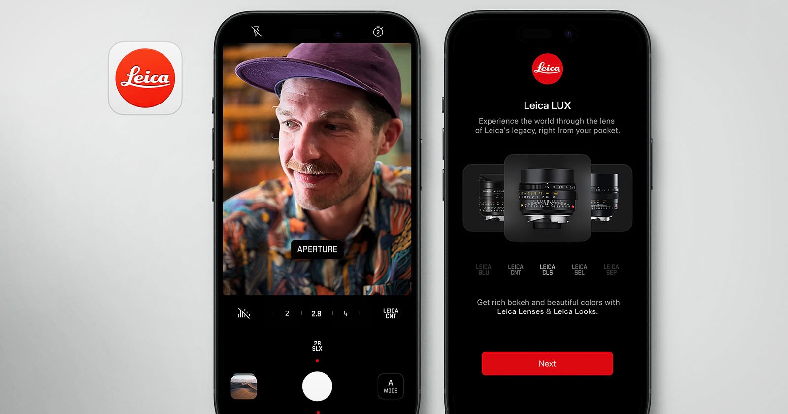 Two smartphones display different screens. The left phone shows a camera app capturing a man wearing a purple cap. The right phone displays a Leica advertisement for Leica LUX lenses and Leica Looks, with a red "Next" button at the bottom and the Leica logo at the top.